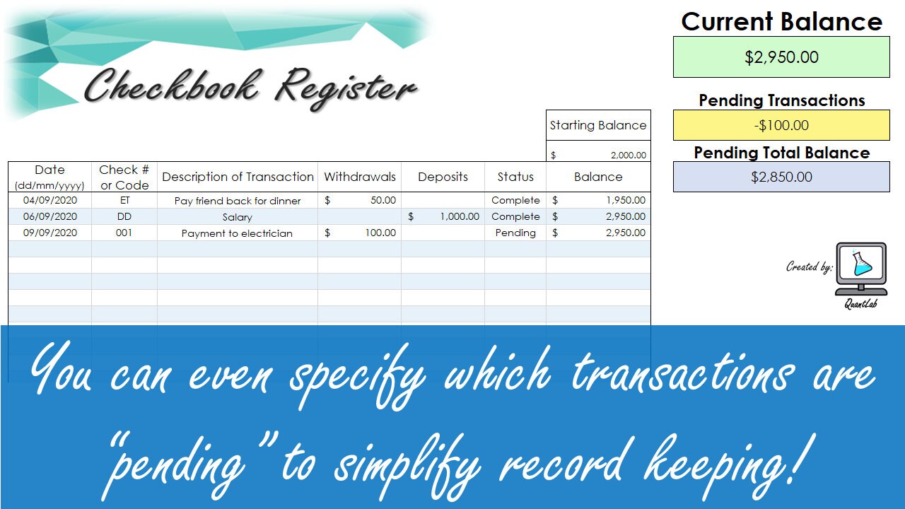 Checkbook Register - Excel Spreadsheet