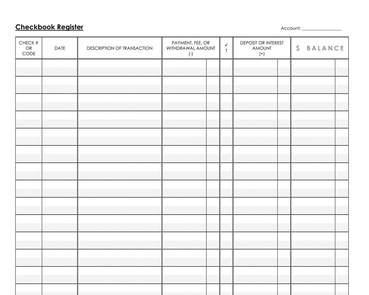 Printable Checkbook Register - Printable PDF