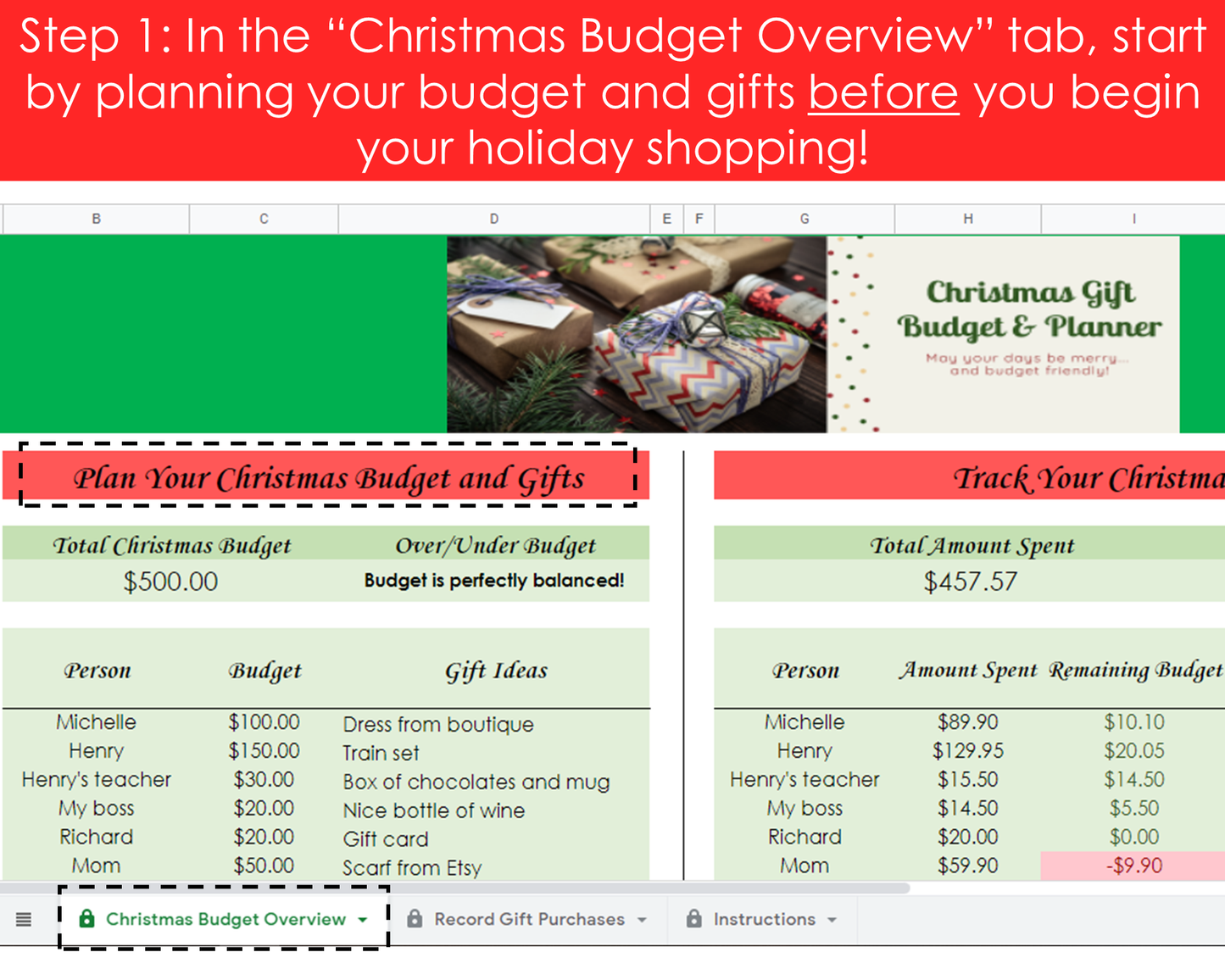 Christmas Gift Budget Planner - Google Sheets