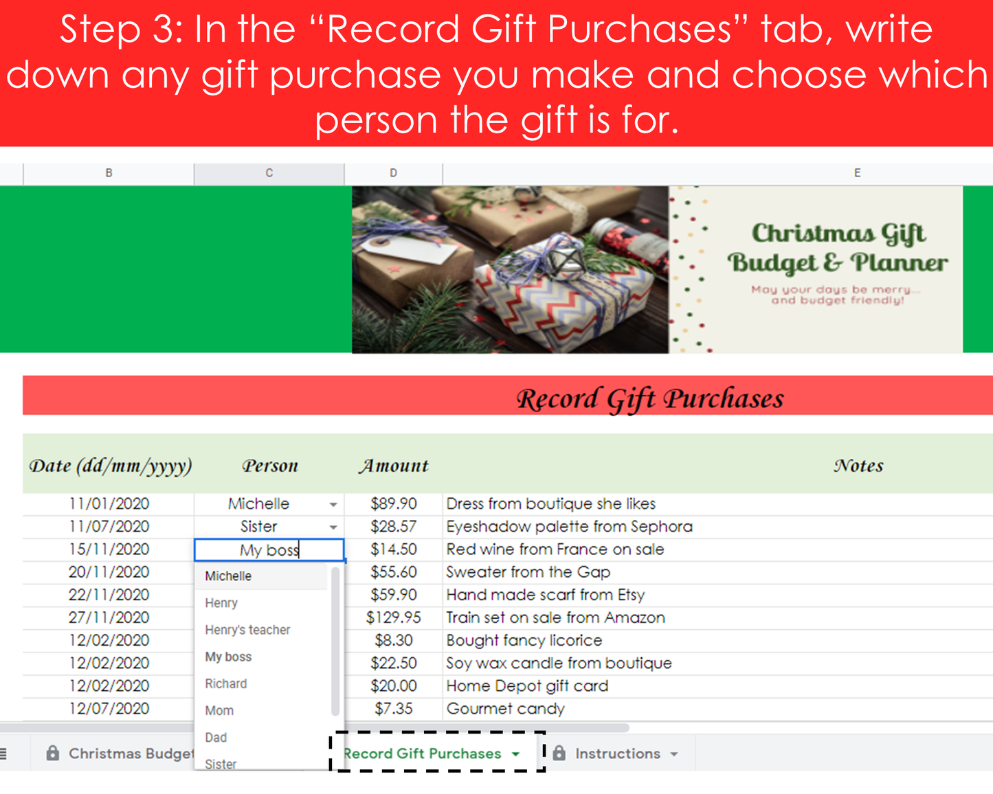 Christmas Gift Budget Planner - Google Sheets