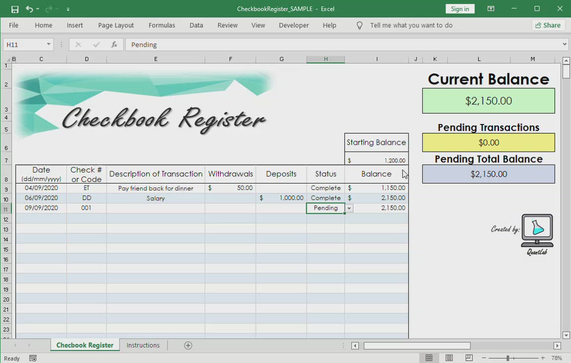 Checkbook Register Excel Spreadsheet Quantlab Spreadsheets 7607
