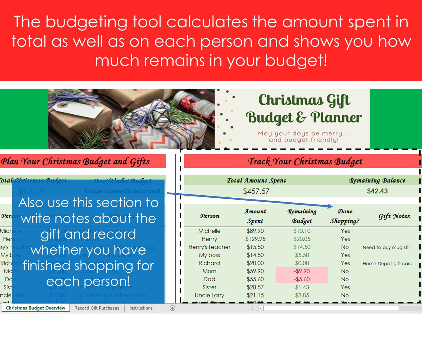 Christmas Gift Budget Planner - Excel Spreadsheet