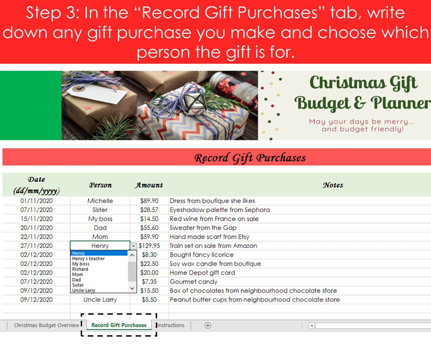 Christmas Gift Budget Planner - Excel Spreadsheet