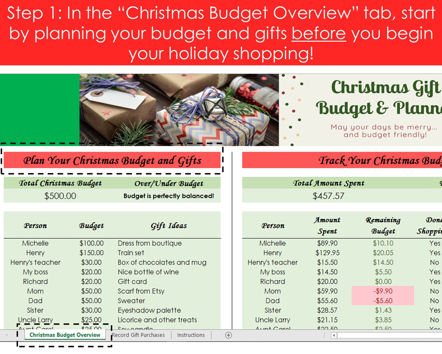 Christmas Gift Budget Planner - Excel Spreadsheet