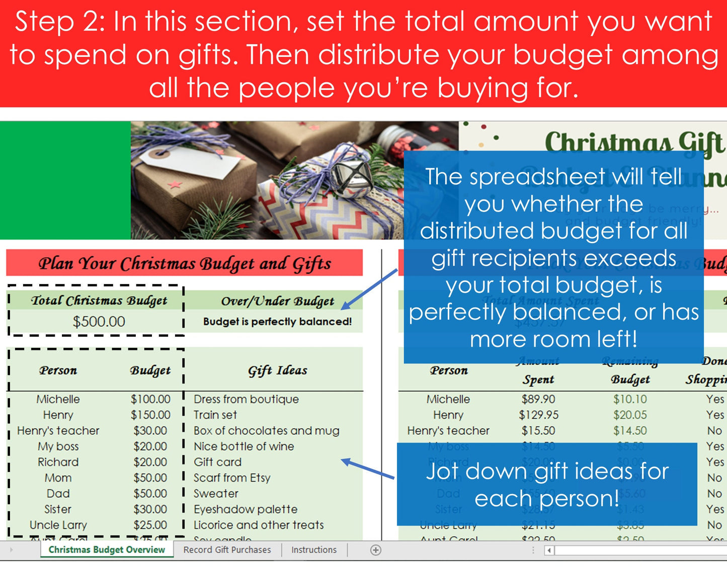 Christmas Gift Budget Planner - Excel Spreadsheet