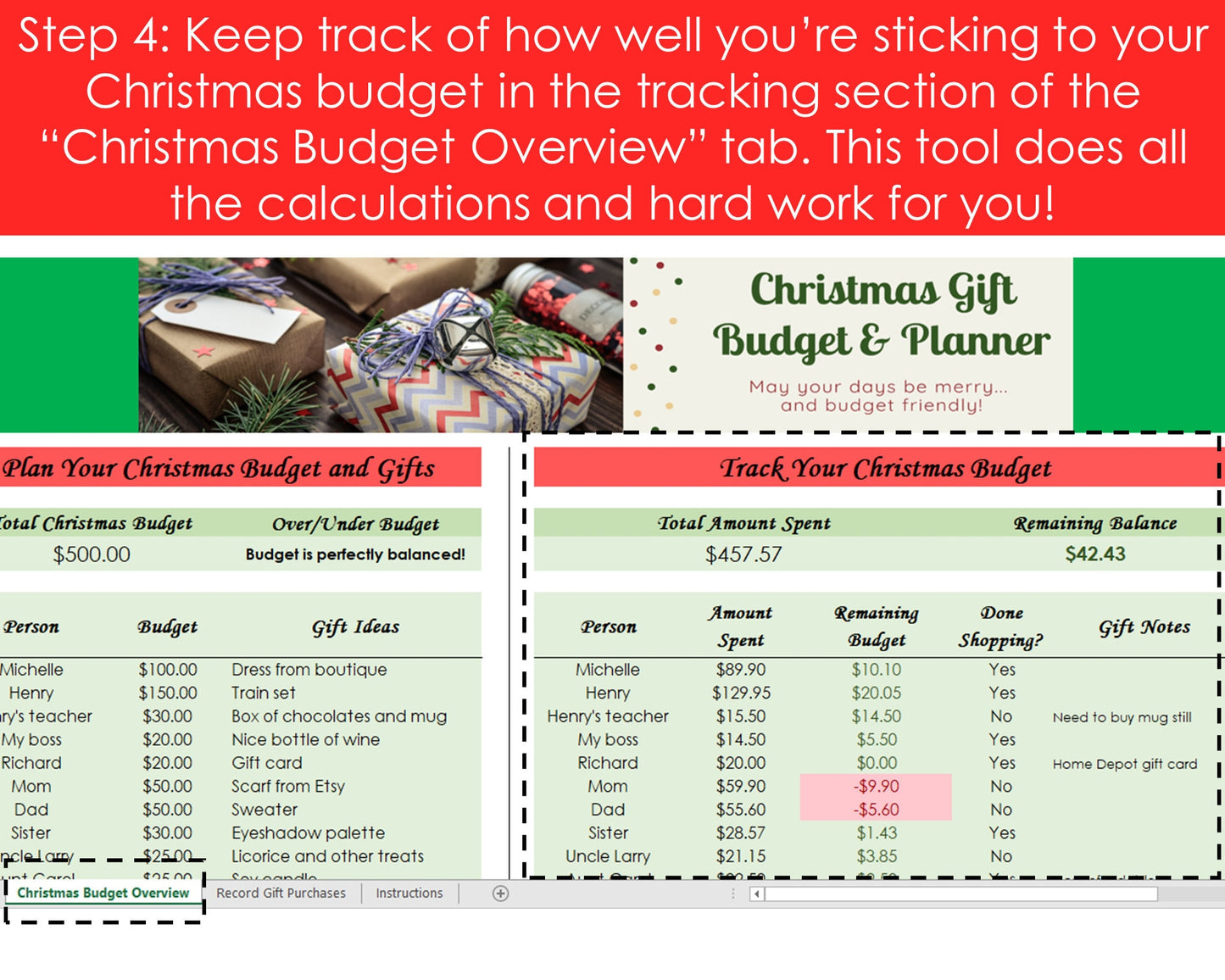 Christmas Gift Budget Planner - Excel Spreadsheet