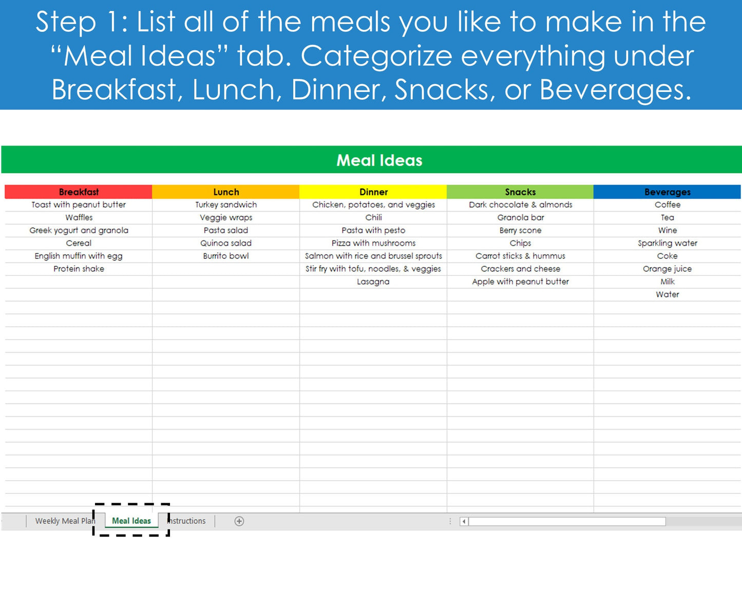 Weekly Meal Planner - Excel Spreadsheet