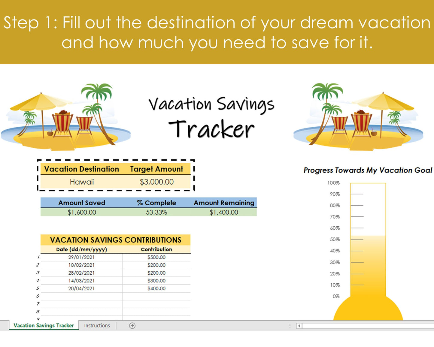 Vacation Savings Tracker - Excel Spreadsheet