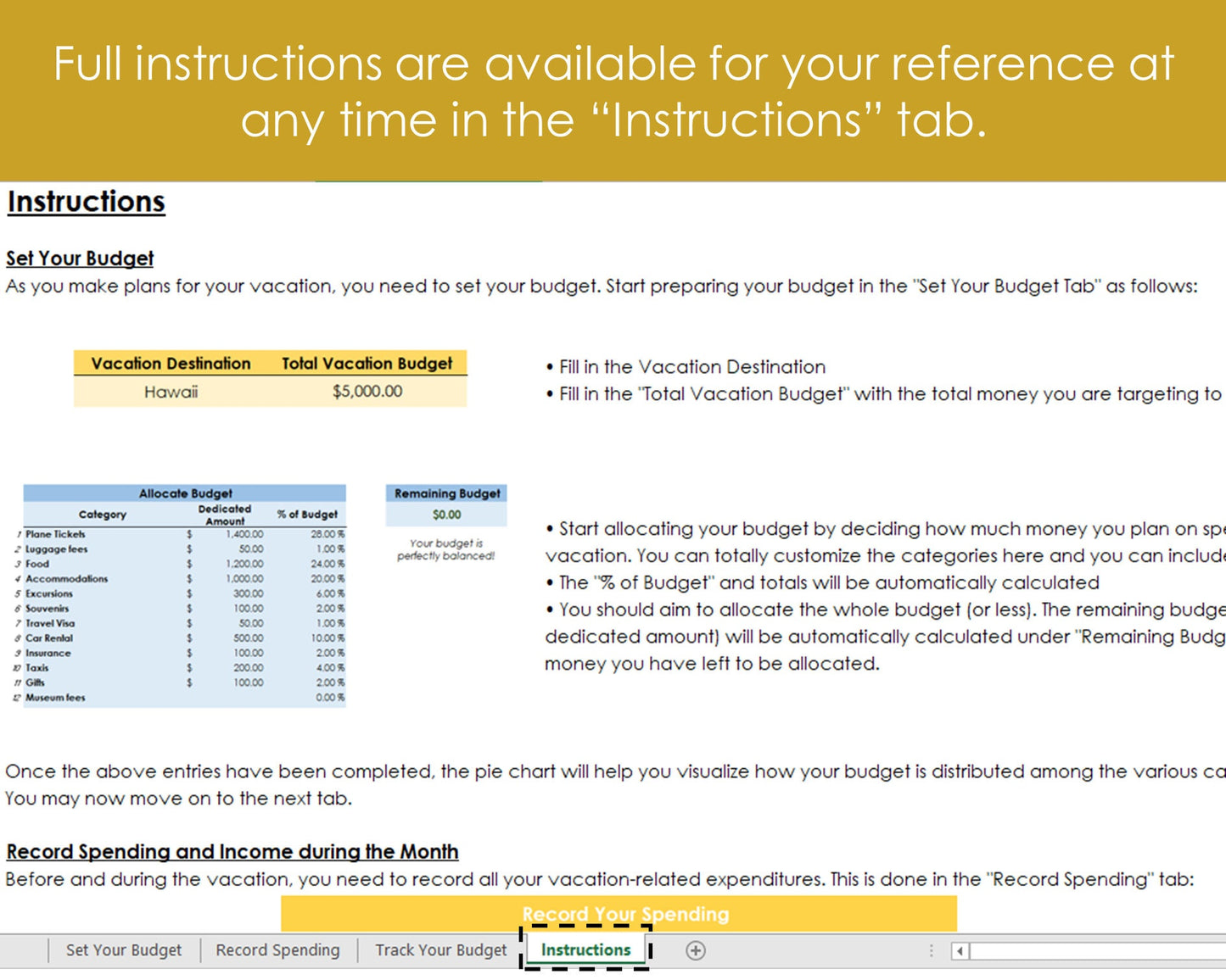 Vacation Budgeting Tool - Excel Spreadsheet