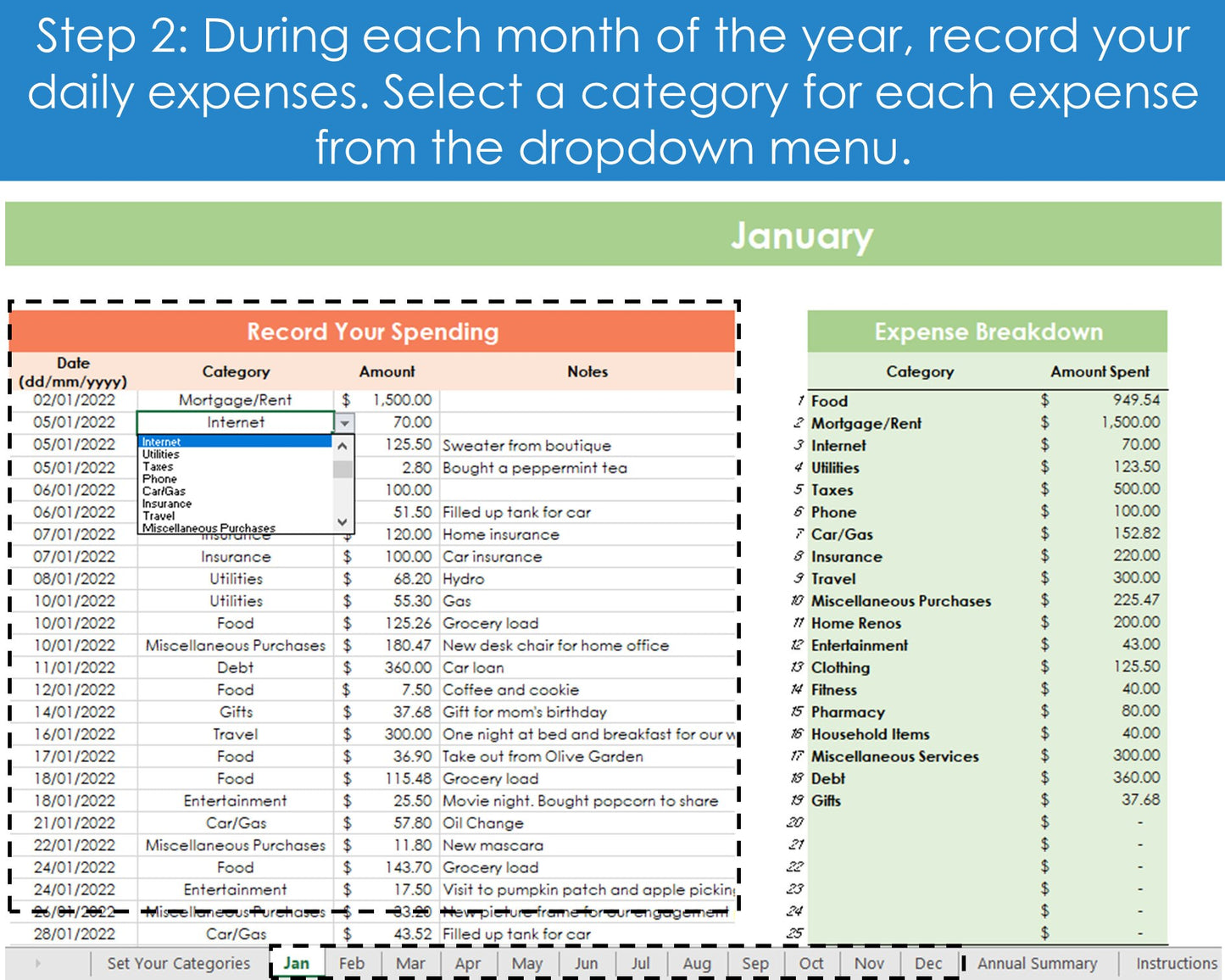 Annual Expense Tracker - Excel Spreadsheet