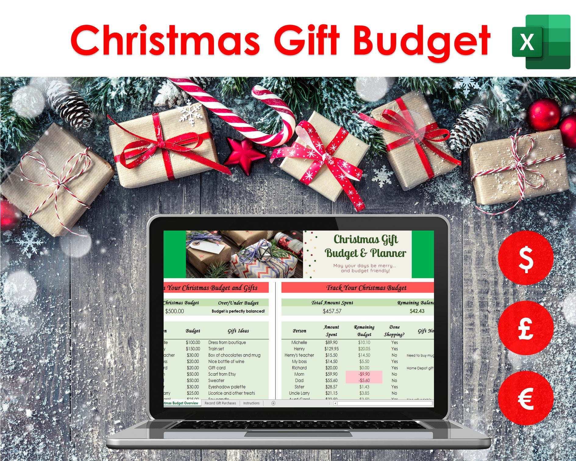 Excel Christmas gift budget spreadsheet