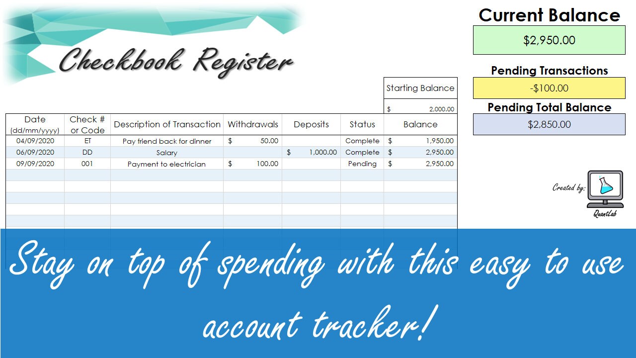 Checkbook Register - Excel Spreadsheet